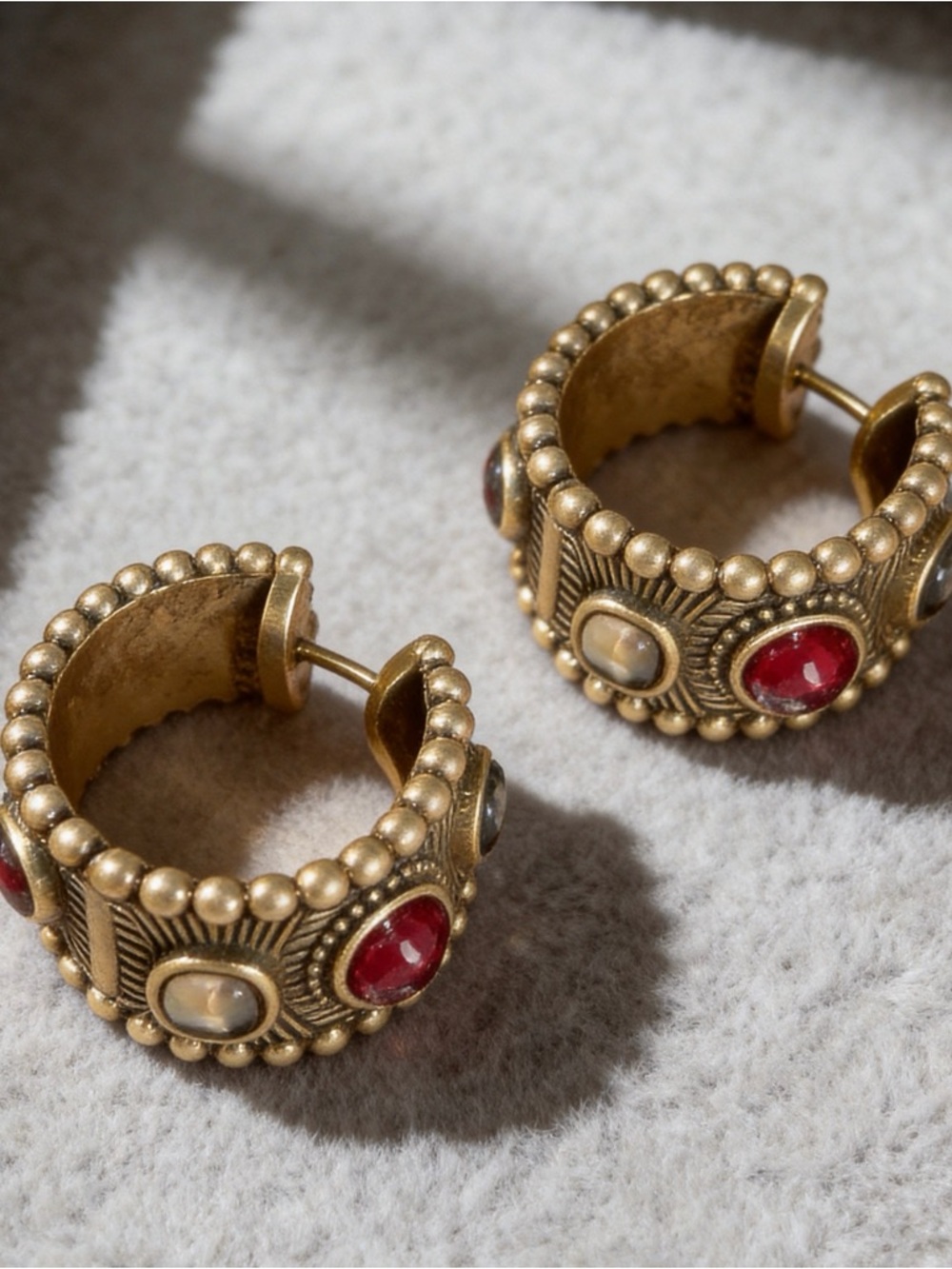 Gold Red & Yellow Stone Dome Hoop Earrings